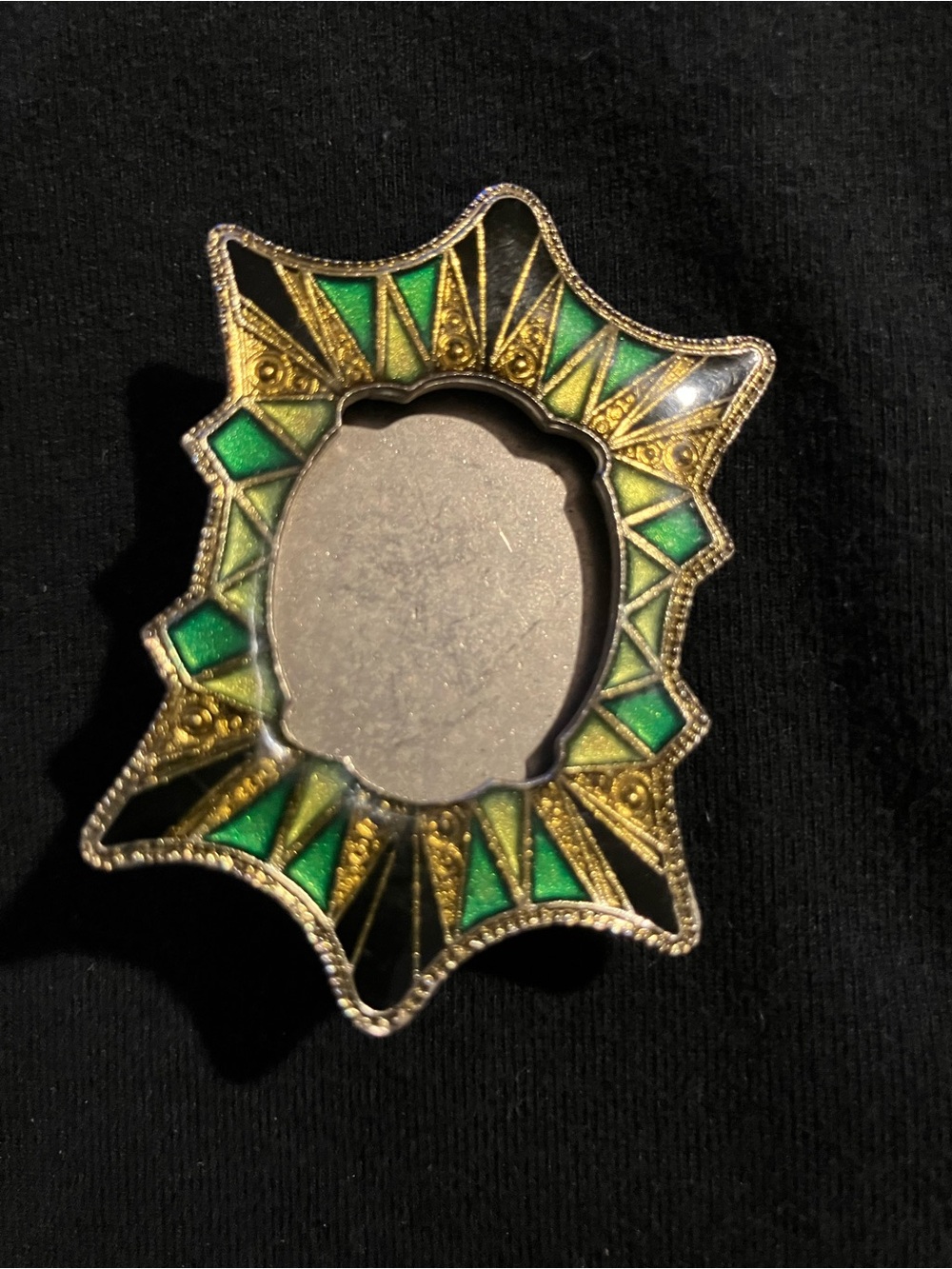 LMC Art Deco Revival Green and Gold Starburst Enamel Frame Brooch